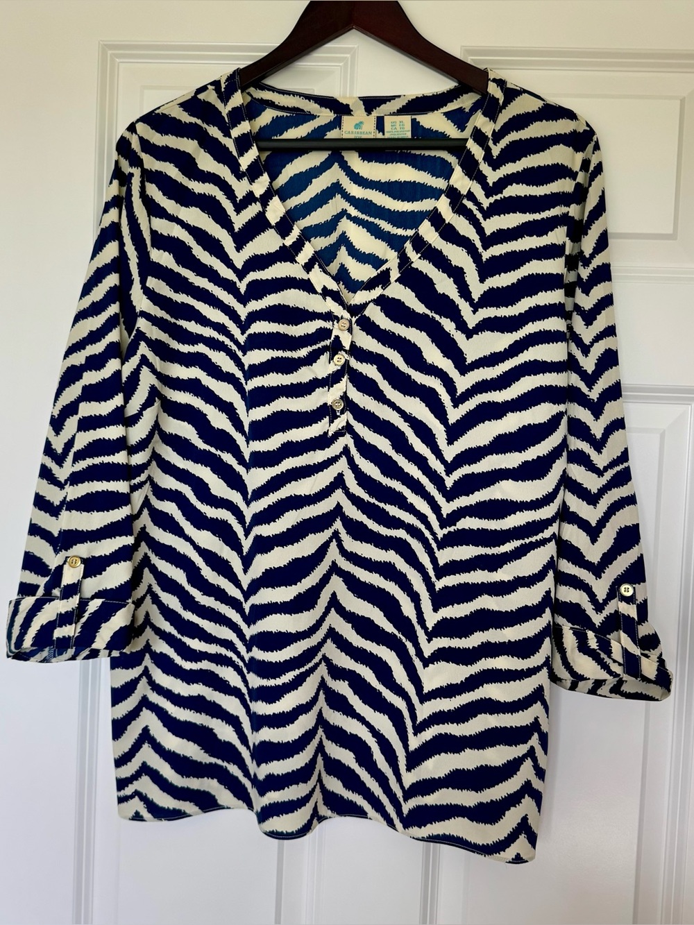 Caribbean Joe Navy and Ivory Zebra-Print Top